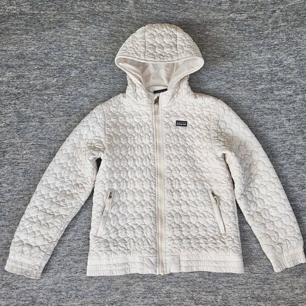 Patagonia Inoa Quilted Girls Youth Large (12) Puffer Zip Up Jacket Cream Hooded